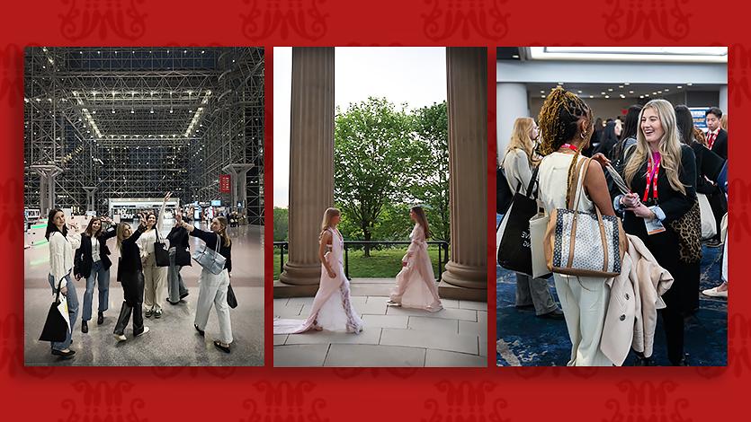 Bella Grasso ’26 (left) networks at the NRF conference, students model Brielle Ohlsen ’25’s “Fight Like Her” collection (center), and student buyers at the NY Now wholesale event (right).